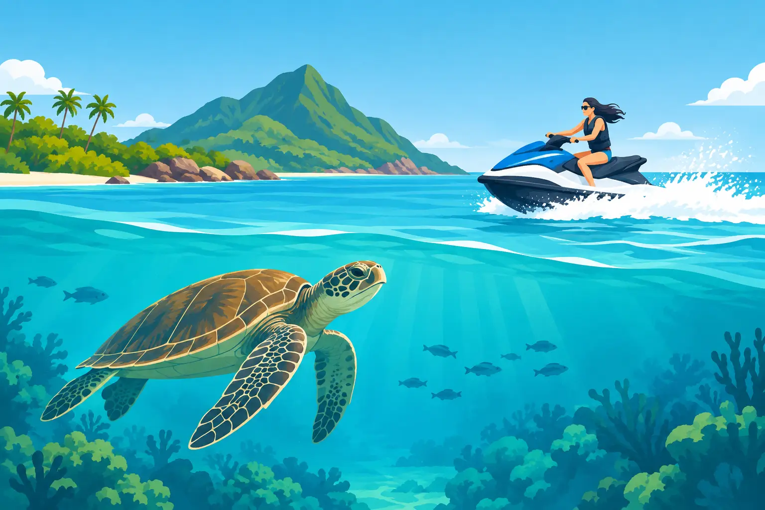Swim With Turtles and Hire a Jet Ski on Master Island
